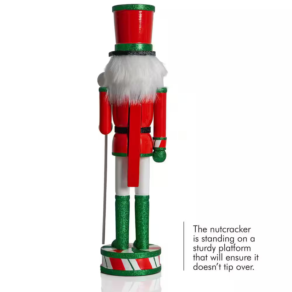 15 In. Wooden Peppermint Christmas Nutcracker -Red, White and Green Glitter Candy Holiday Nutcracker Toy Soldier