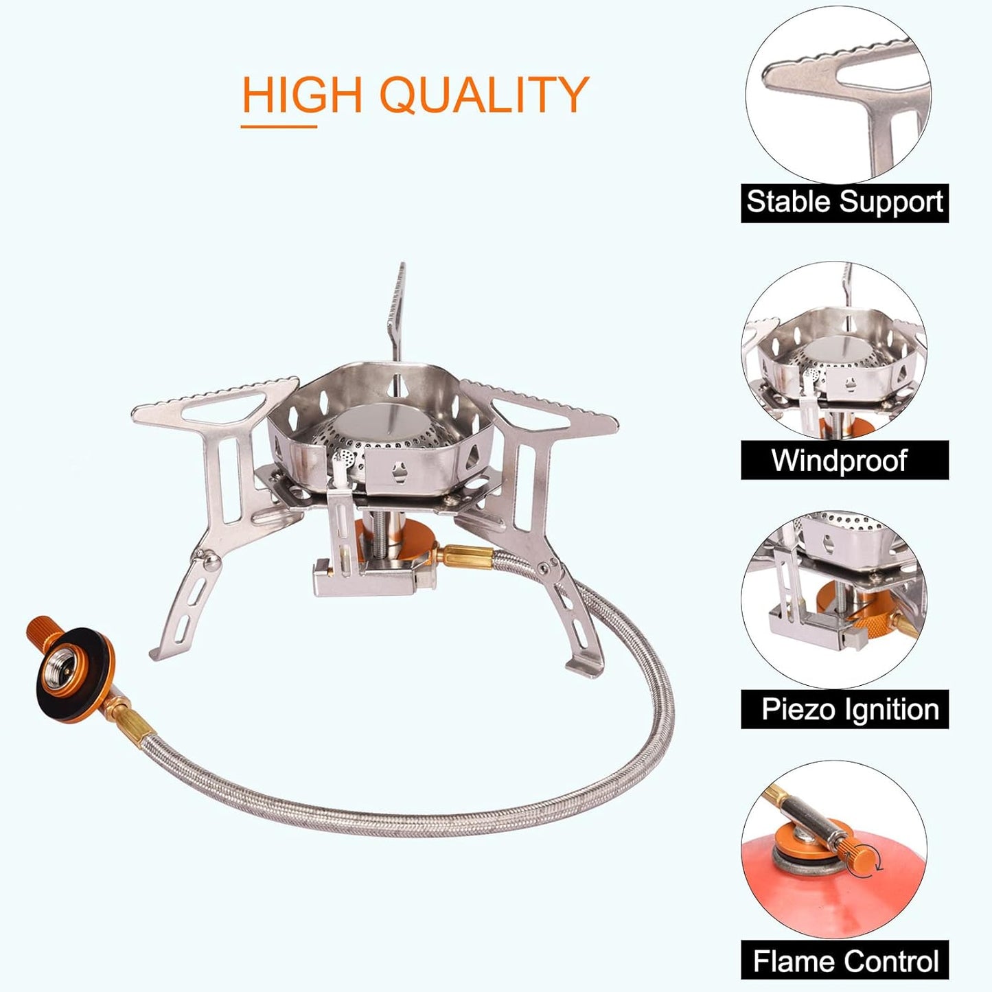 Portable Backpacking Stove with Piezo Ignition Windproof Camping Gas Stove Camp Stove Foldable Burner with Propane Canister Adapter for Outdoor Camping Hiking Picnic