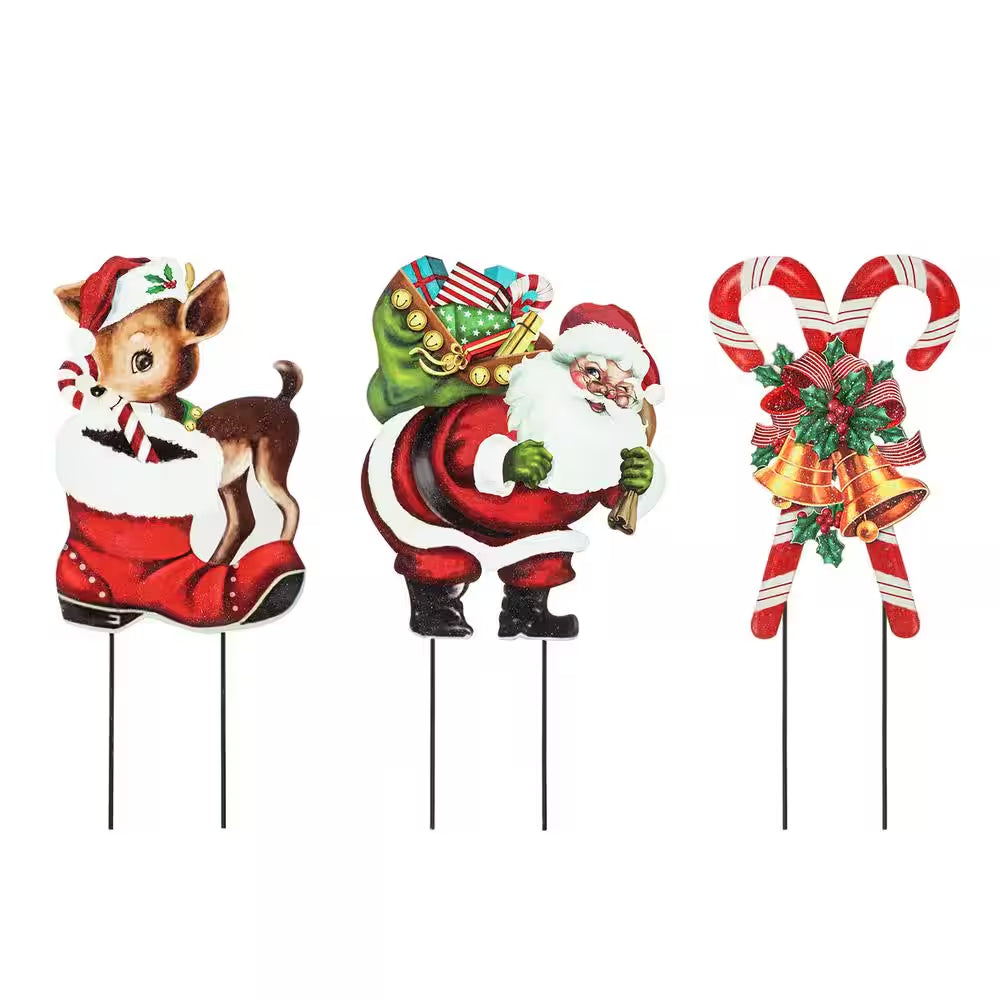 24 In. H Set of 3 Metal Glitter Santa, Reindeer and Candy Cane Christmas Yard Decor Yard Stake