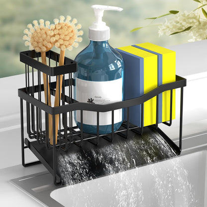 Sink Caddy Sponge Holder for Kitchen Sink with Brush Holder and Stainless Steel Self Drain Tray, Rustproof Kitchen Sink Organizer for Sponge, Soap Dispenser Storage Kitchen Accessories