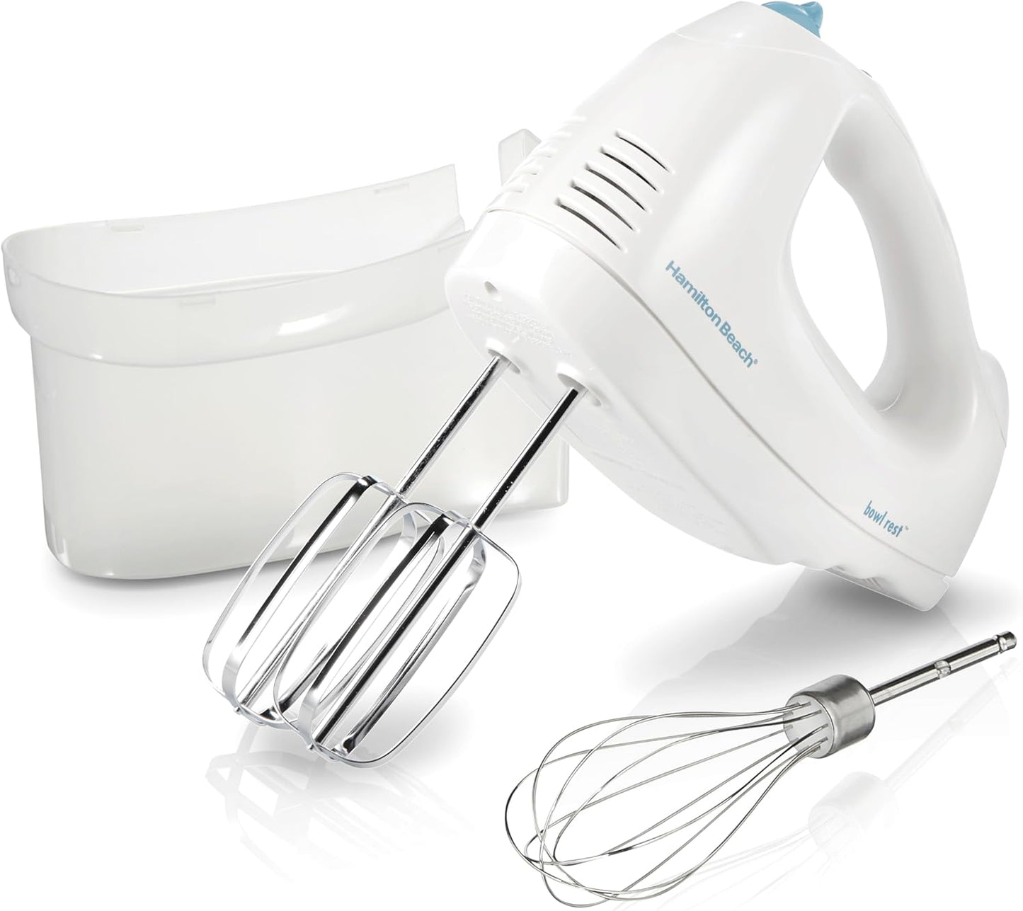 6-Speed Electric Hand Mixer with Whisk, Traditional Beaters, Snap-On Storage Case, 250 Watts, White