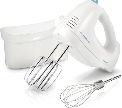 6-Speed Electric Hand Mixer with Whisk, Traditional Beaters, Snap-On Storage Case, 250 Watts, White