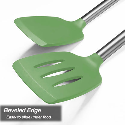 Professional Silicone Spatula Set - 2 Pack with Solid & Slotted Designs, Stainless Steel Handles, Non-Stick Heat Resistant Turners for Cooking Fish, Eggs, Pancakes, and Wok - Green