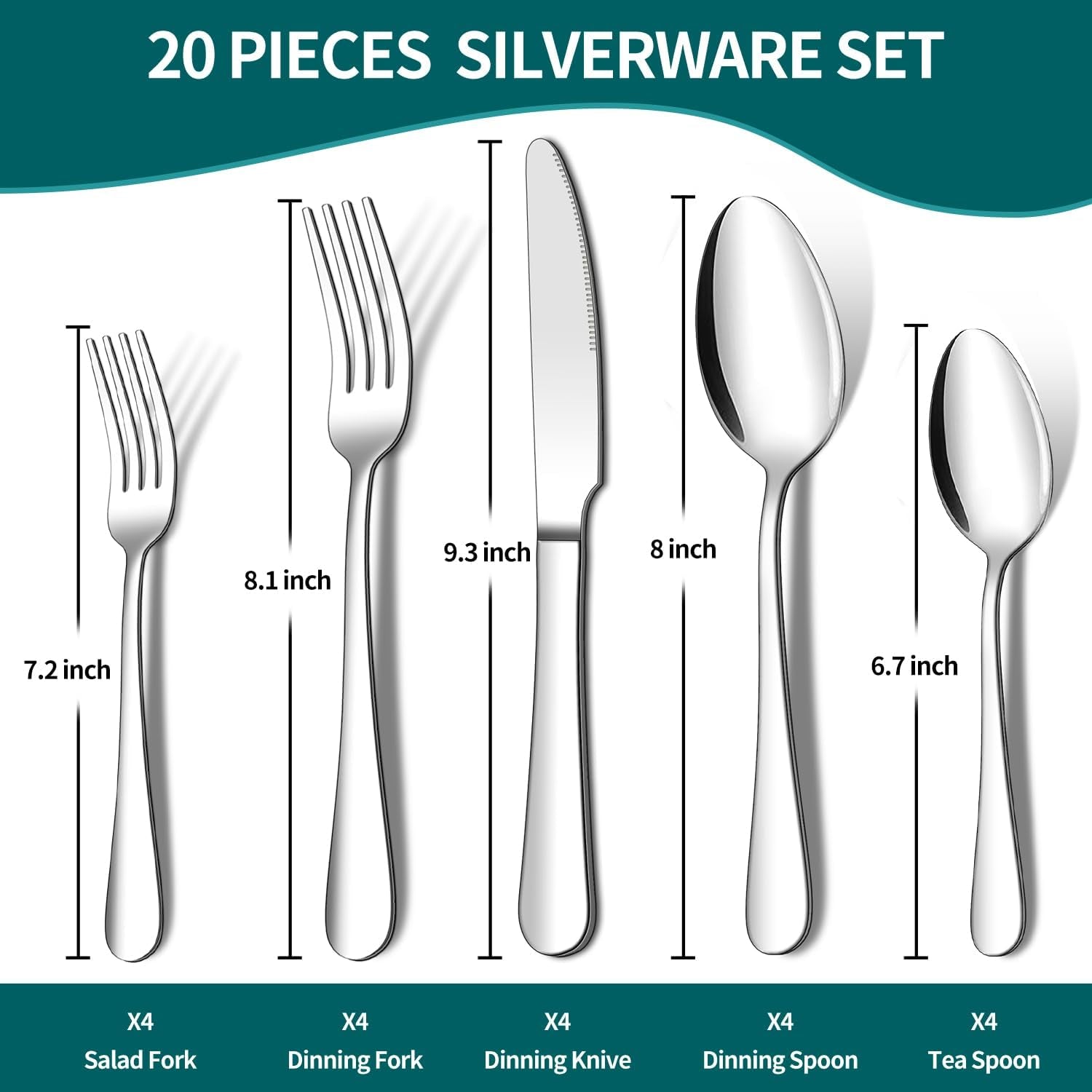 20 Piece Silverware Set,  Stainless Steel Flatware Cutlery Set, Kitchen Utensil Set Service for 4, Include Knife Fork Spoon, Mirror Polished, Dishwasher Safe